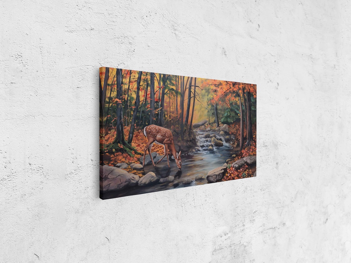 Deer Drinking From Forest Stream In Autumn Woods Painting Poster - Image 4