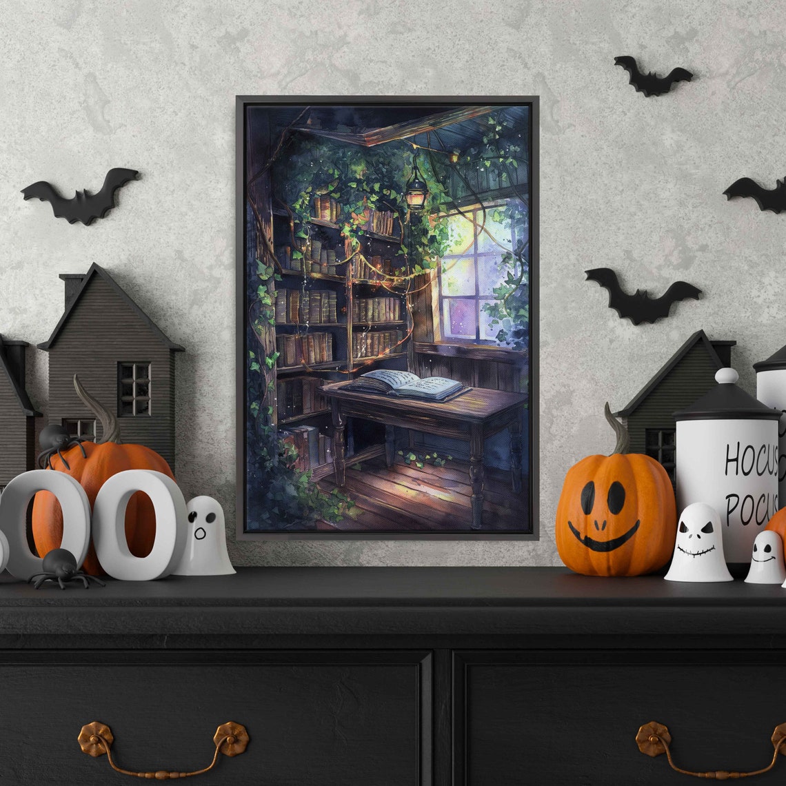 Whimsical Witches Library Open Spellbook Watercolor Wall Art - Image 3
