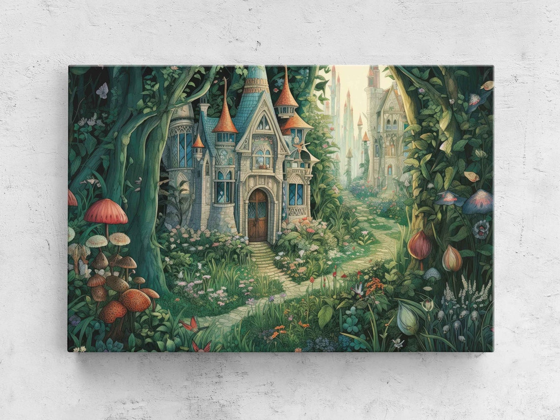 Fairy Tale Castle Enchanted Forest Mushroom Garden Fantasy Art Poster