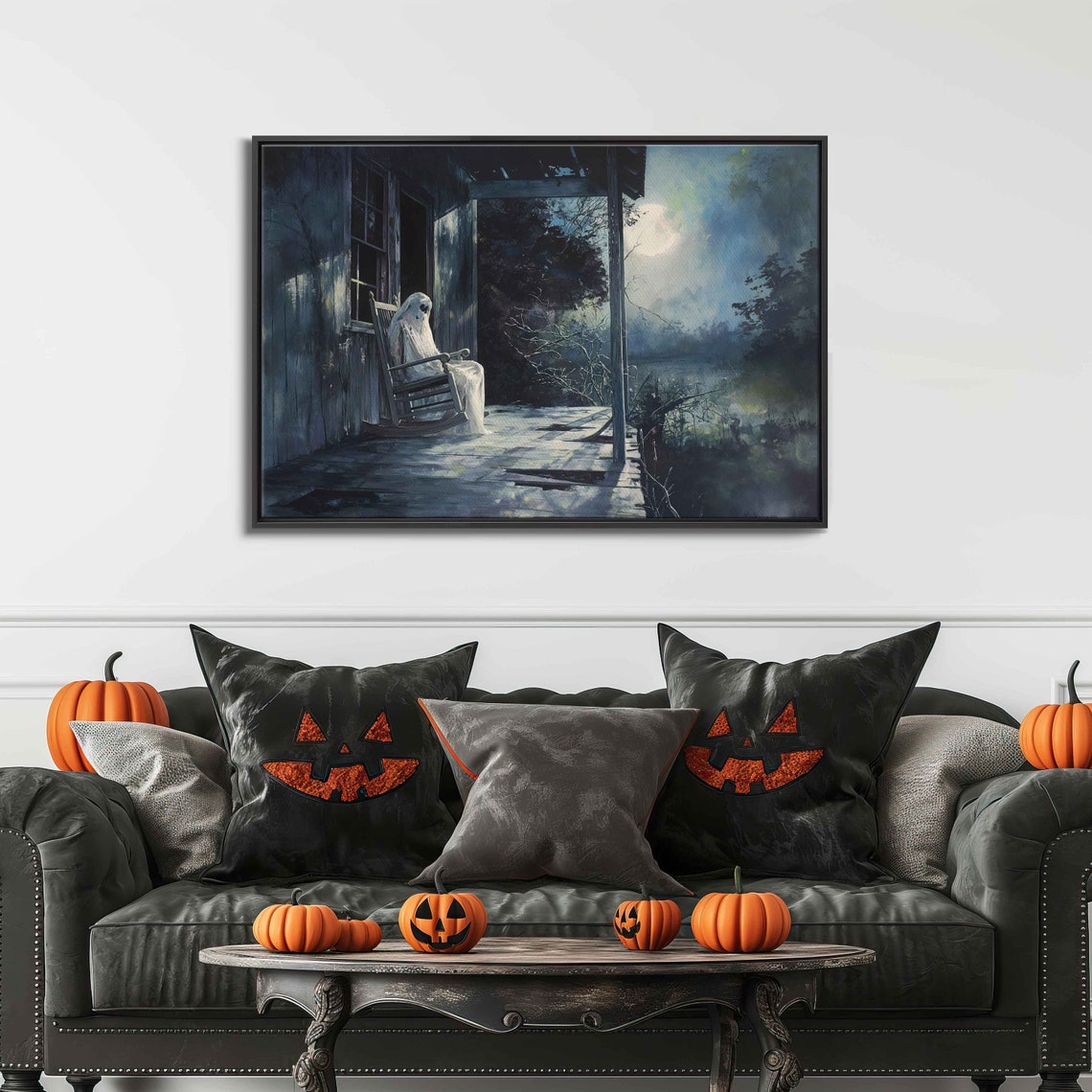 Ghost In Rocking Chair On Old Porch Moonlit Night Haunted Poster