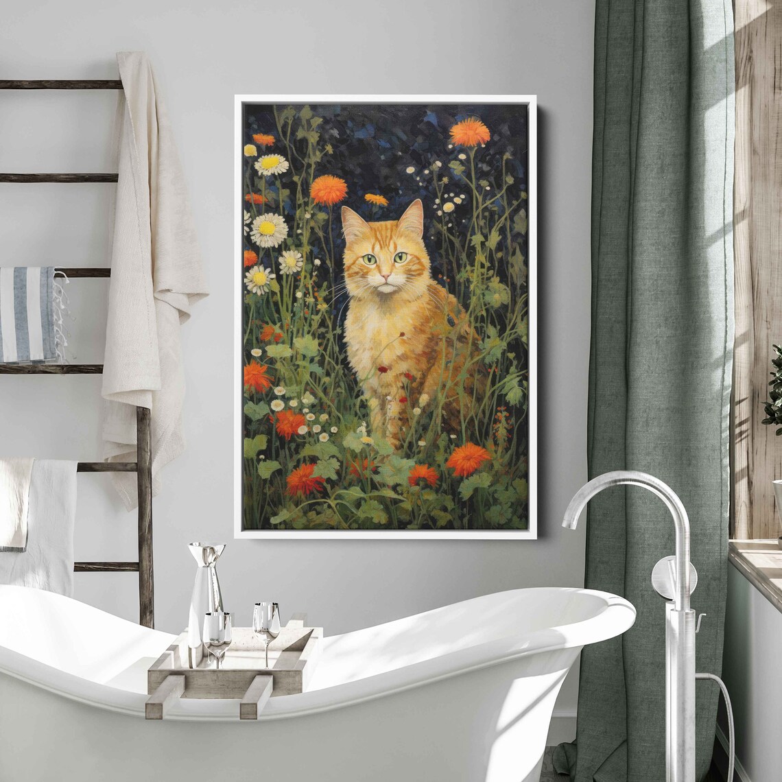 Orange Tabby Cat Among Wildflowers At Night Garden Painting Print - Image 3