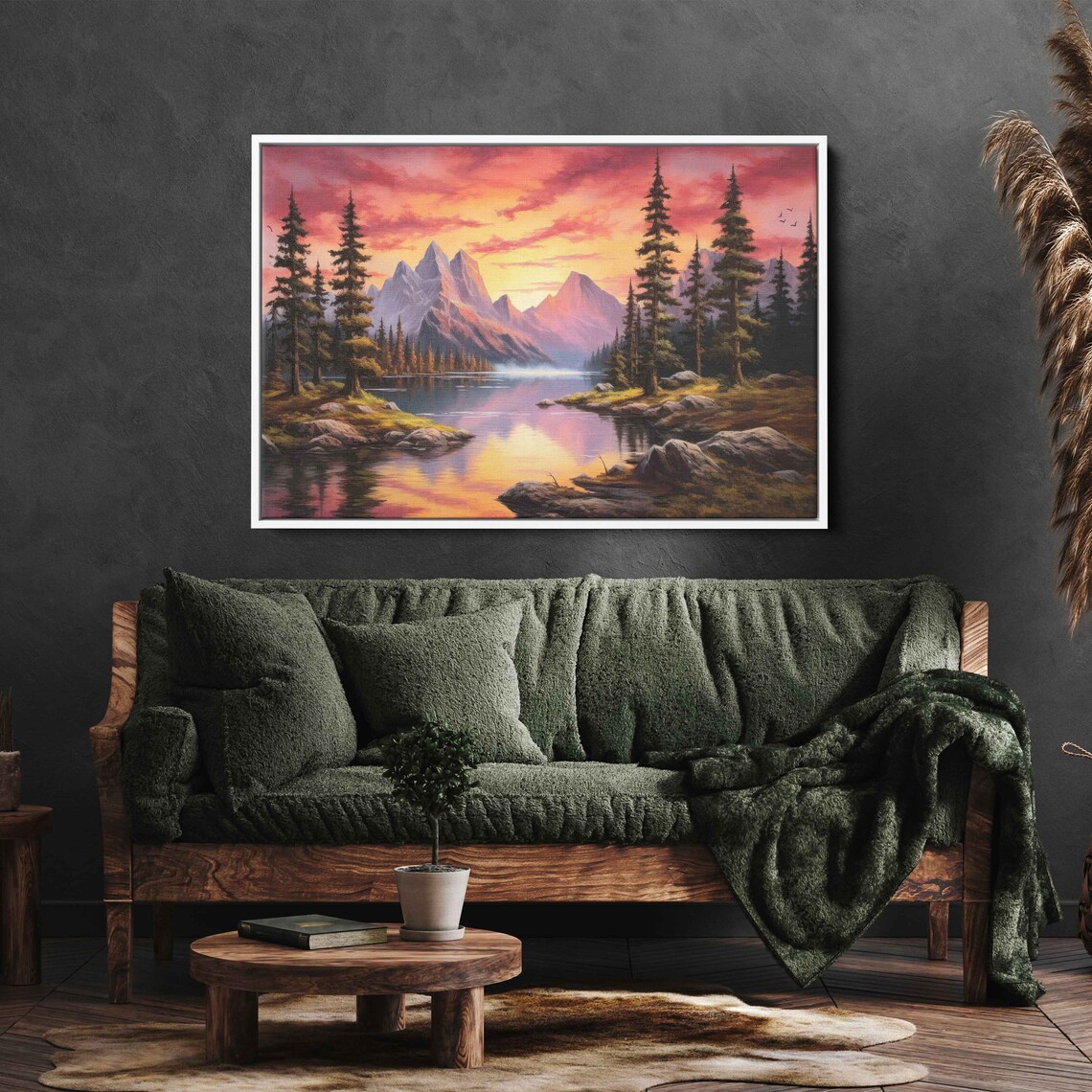 Colorful Lake Landscape Sunset Oil Painting Art Print - Image 3