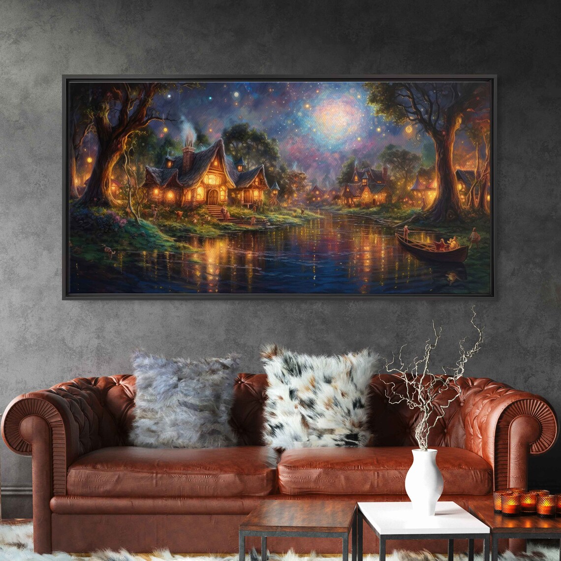 Whimsical Moonlit Twilight Village Art Print - Image 3