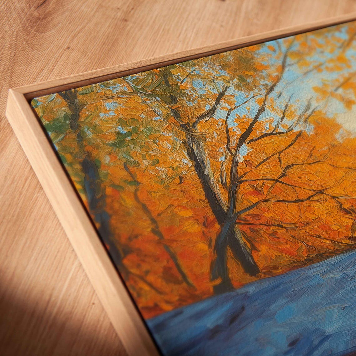 Blue Coffee Cup On Ledge Against Vibrant Autumn Foliage Painting - Image 2