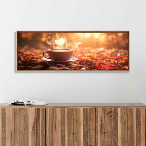Coffee Cup In Red Leaves With Heart Steam Warm Sunlight Art Print