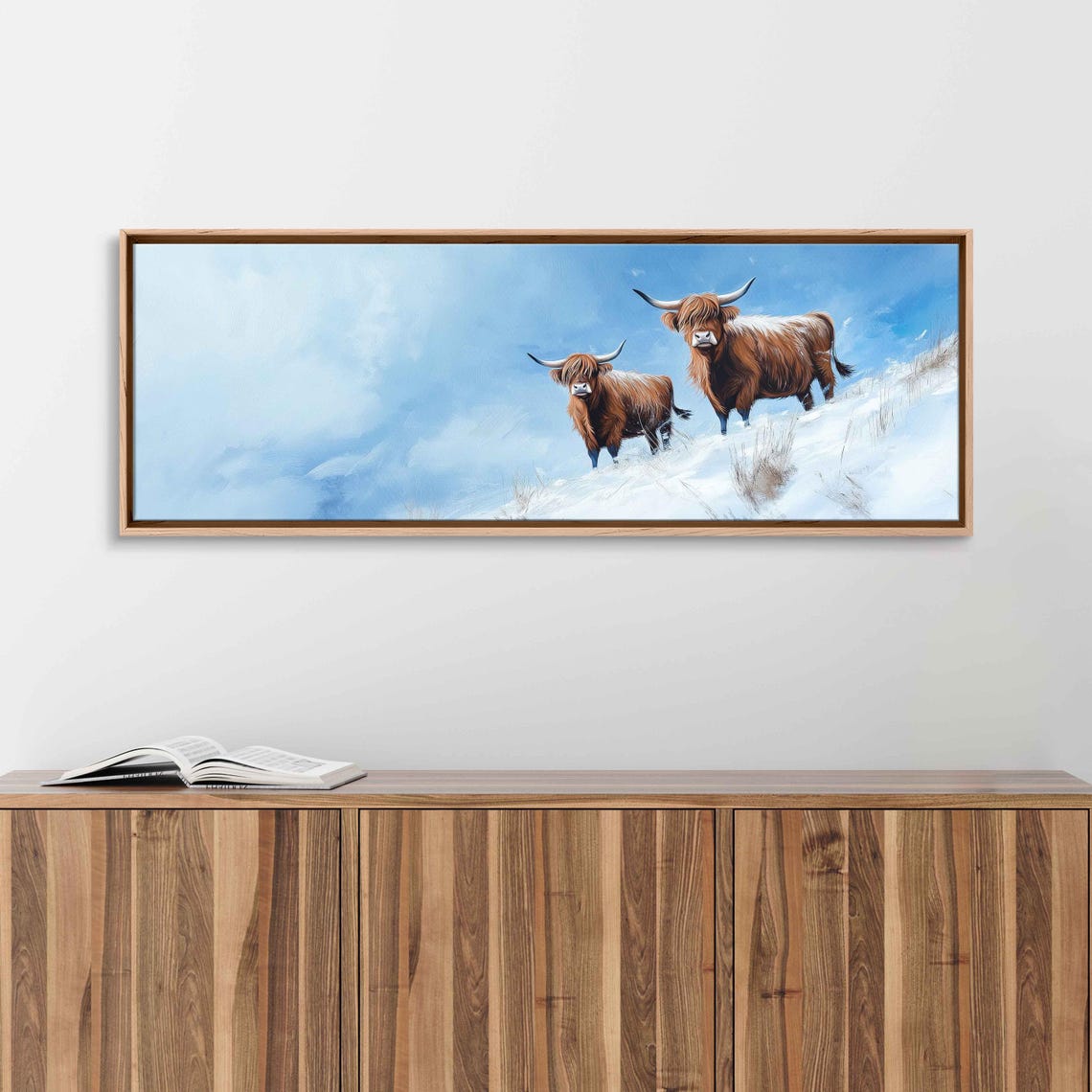 Two Highland Cows On Snowy Hilltop Winter Scottish Landscape Wall Art