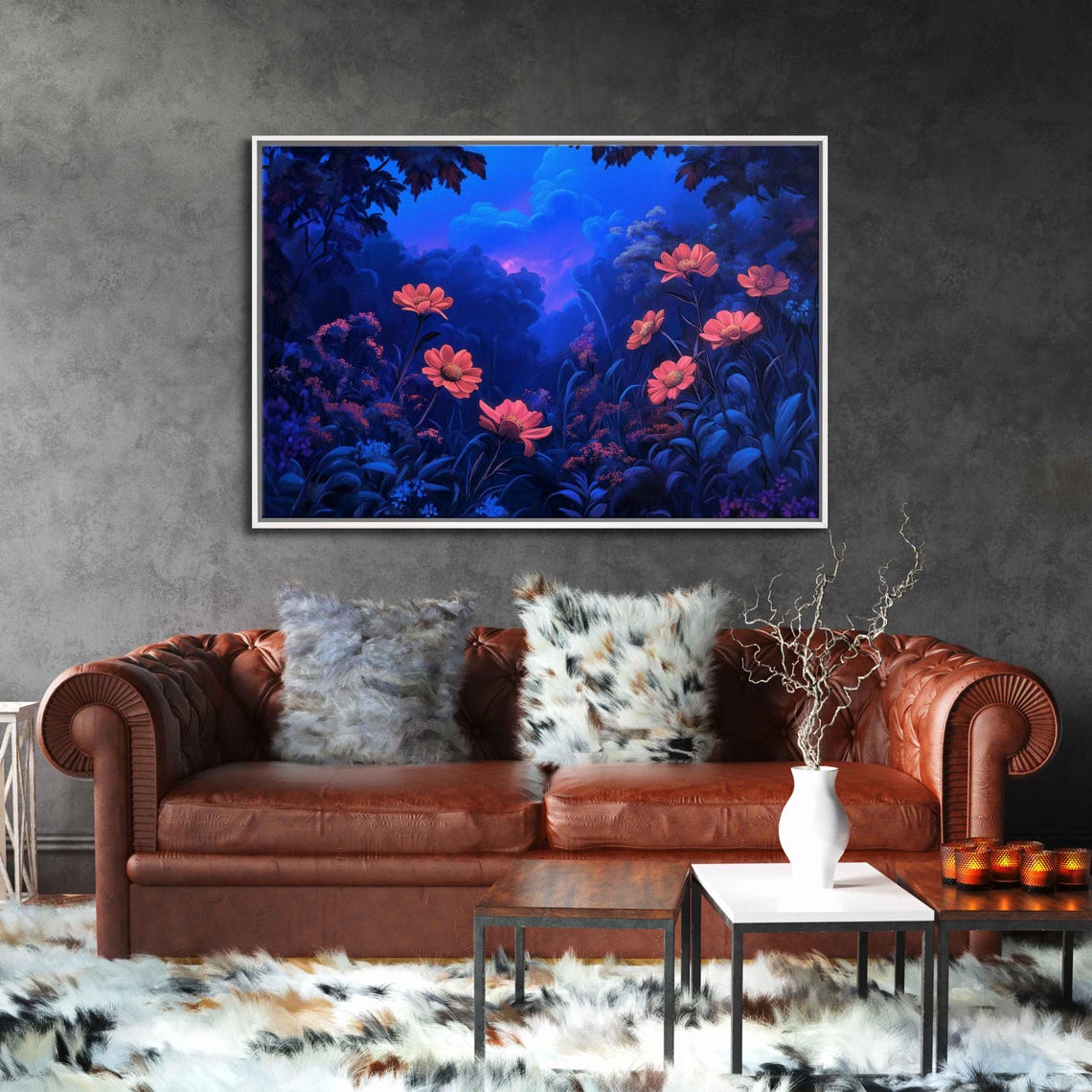 Neon Garden Flowers Under Moonlight Glowing Night Blossoms Art Poster - Image 3