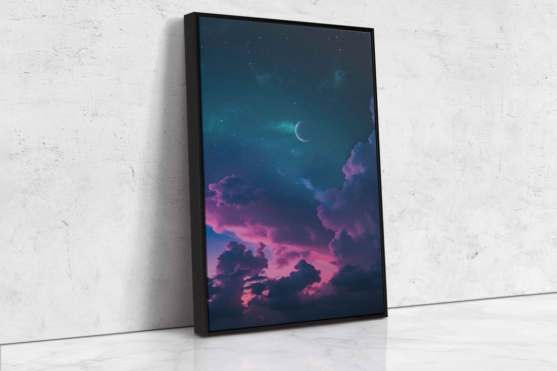Crescent Moon And Stars During Cloudy Black Night Sky Celestial Poster Outer Space Vibrant Clouds Ready To Hang - Image 4