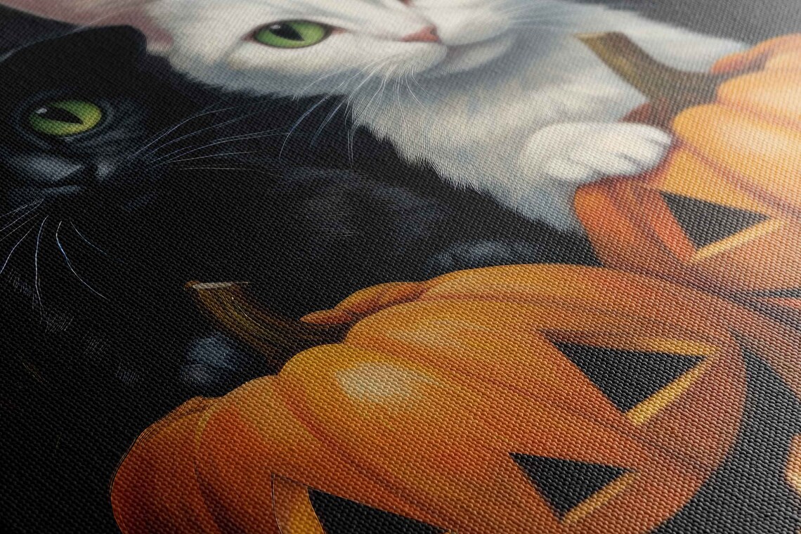 Halloween Cat Pair Jack O Lanterns Witch Hat Cute Black White Cats Poster - Image 2