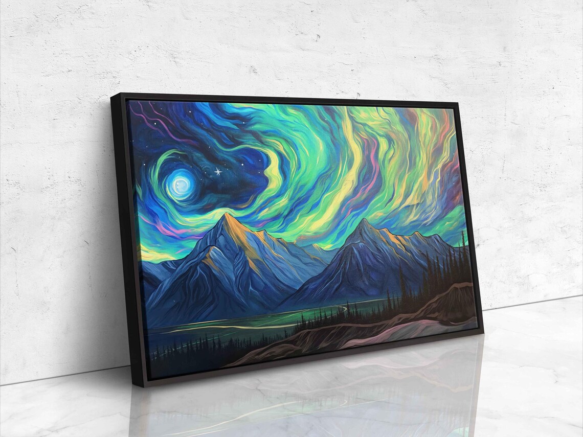 Rainbow Aurora Borealis Over Mountain Peaks Night Sky Starry Wall Art Poster - Image 4