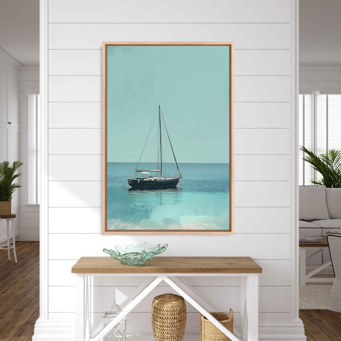 Lone Sailboat Anchored On Calm Turquoise Ocean Minimalist Nautical Poster
