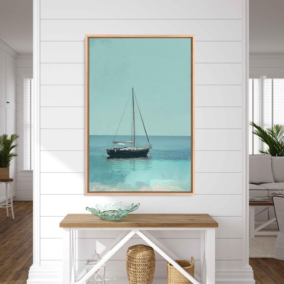 Lone Sailboat Anchored On Calm Turquoise Ocean Minimalist Nautical Poster