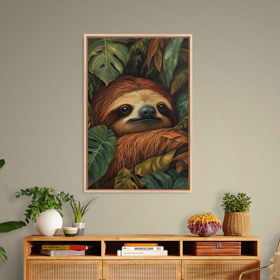 Sleepy Sloth Resting Among Monstera Leaves Painterly Jungle Poster