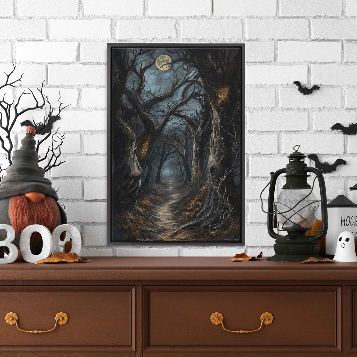 Haunted Forest Moonlit Path Twisted Trees Eerie Night Scene Poster