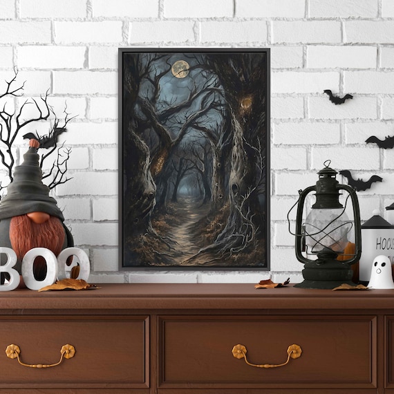 Haunted Forest Moonlit Path Twisted Trees Eerie Night Scene Poster