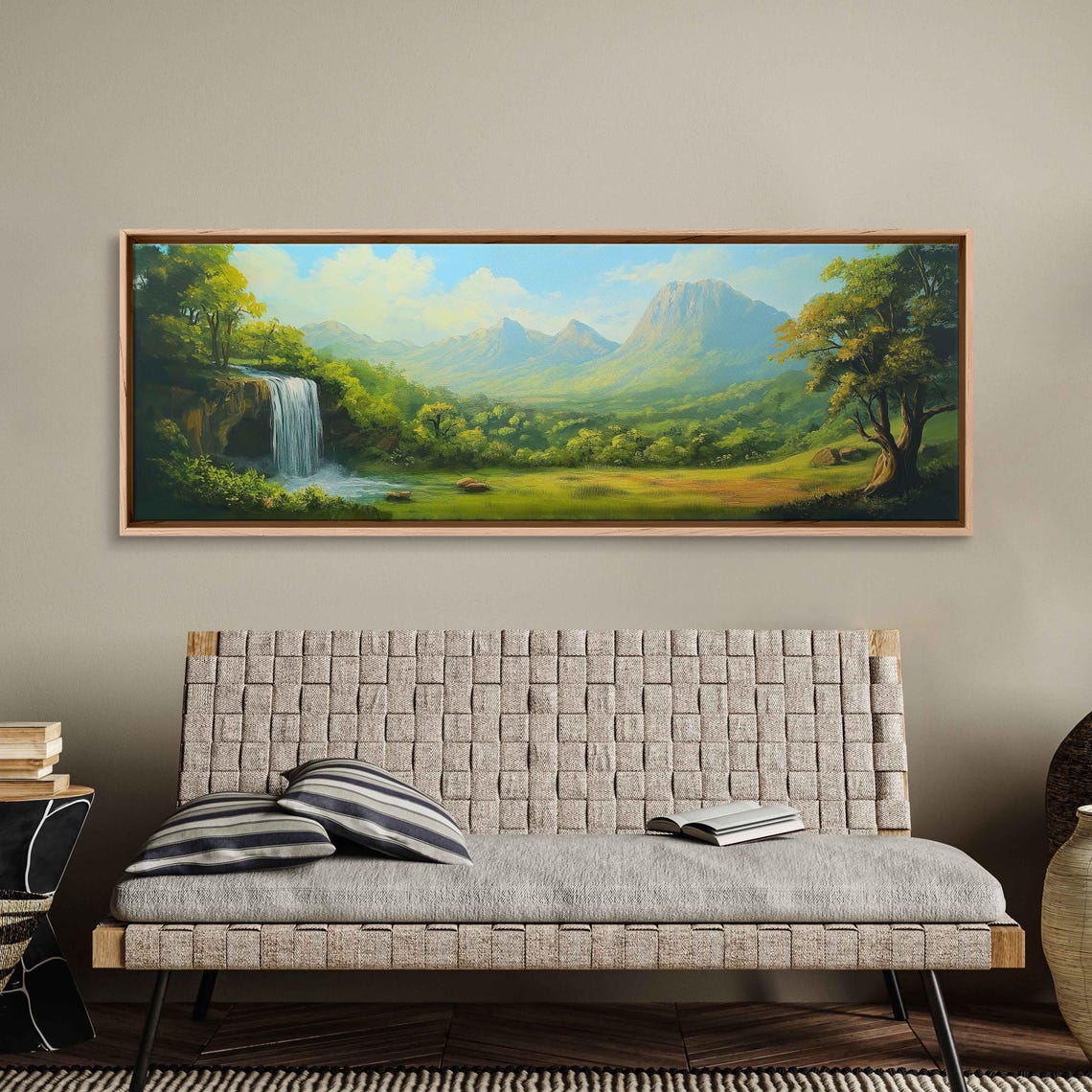 Sunlit Mountain Valley With Waterfall Panoramic Landscape Oil Poster