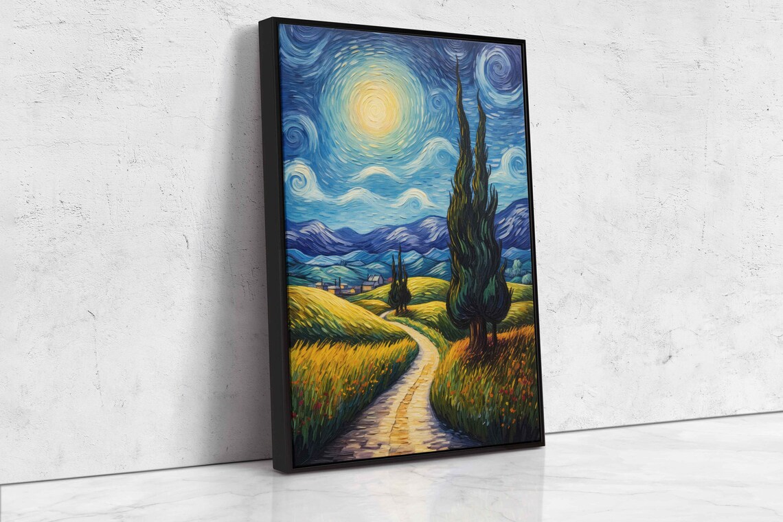 Starry Sun Rural Trail Cypress Trees Golden Wheat Field Van Gogh Art Print - Image 4