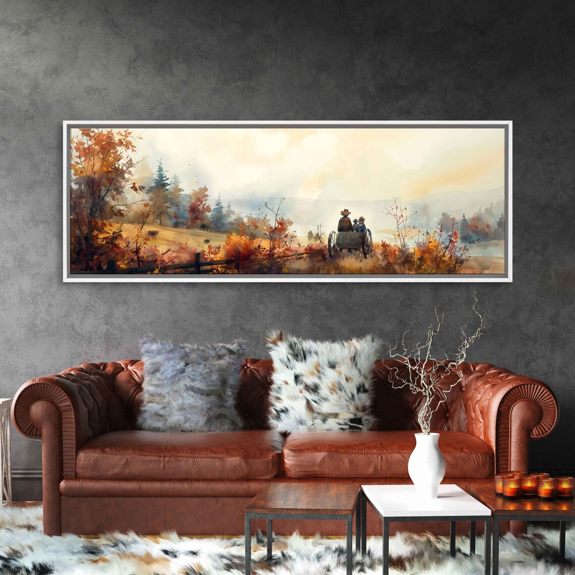Family Hayride Through Misty Autumn Landscape Watercolor Scene Poster