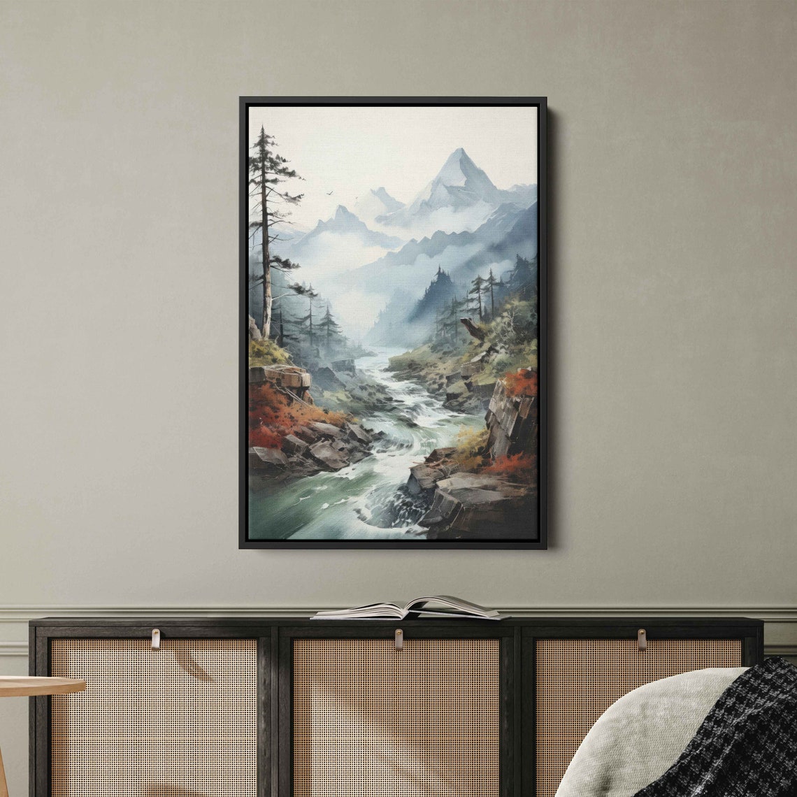 Foggy Mountain River Watercolor Rapids Pines Misty Peaks Art Poster
