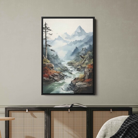 Foggy Watercolor Mountain River Wall Art Print Flowing Stream Peaceful Nature Cloudy Mountain Range Ready To Hang