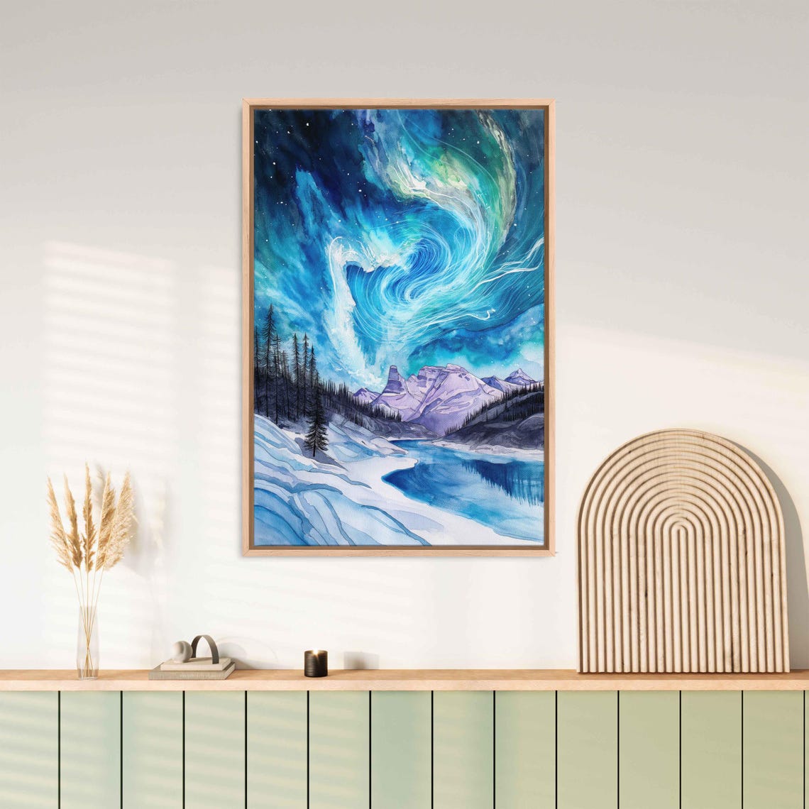 Swirling Aurora Over Snowy Mountains And Still Lake Watercolor Poster - Image 3