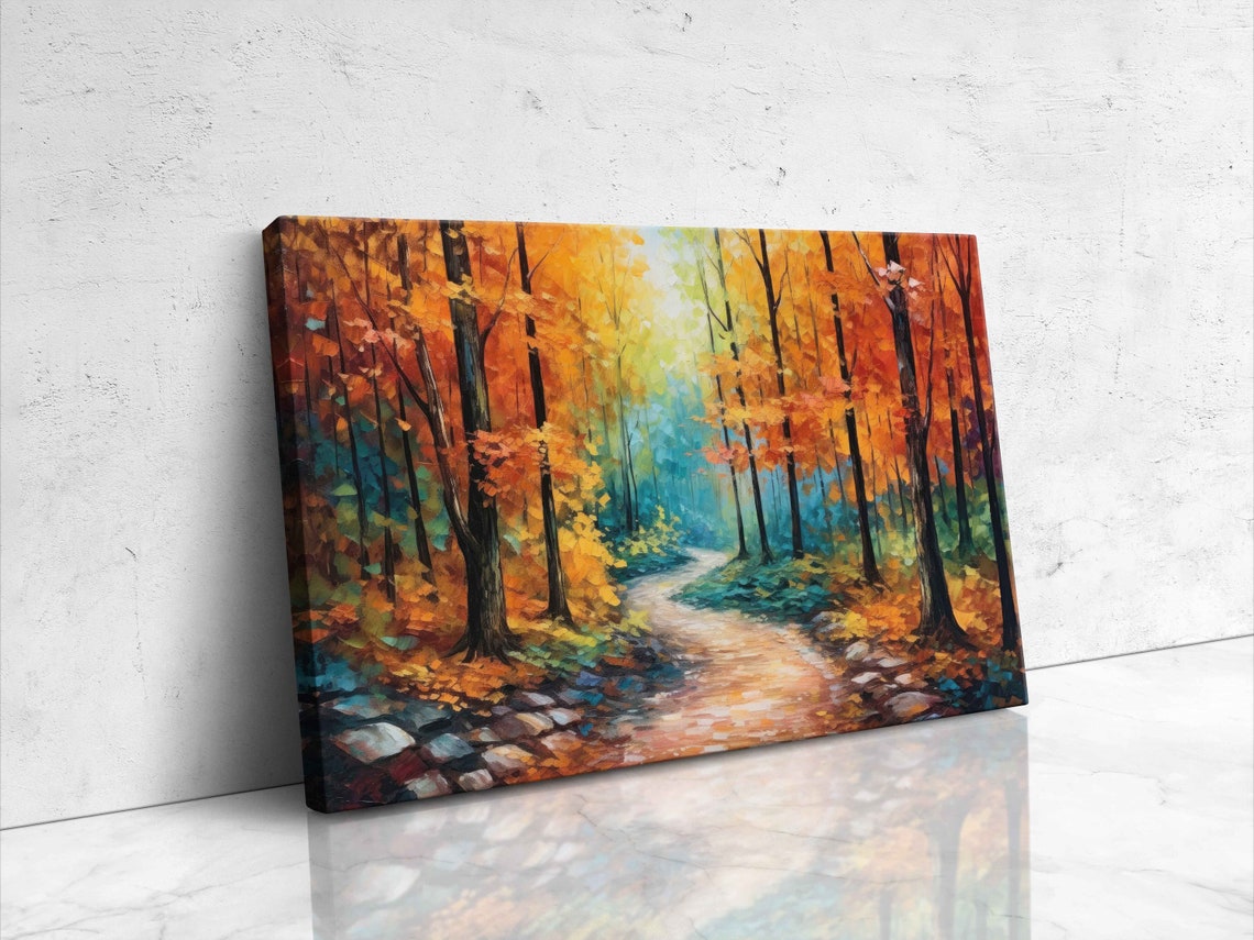 Autumn Forest Path Golden Orange Leaves Sunlit Trail Art Poster - Image 4