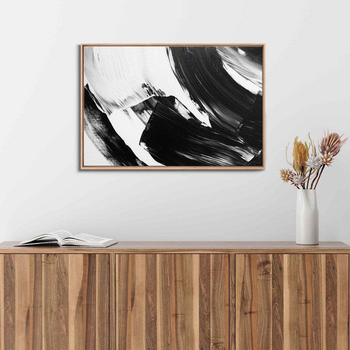Black White Sweeping Brushstrokes Dramatic Abstract Painting Poster - Image 3