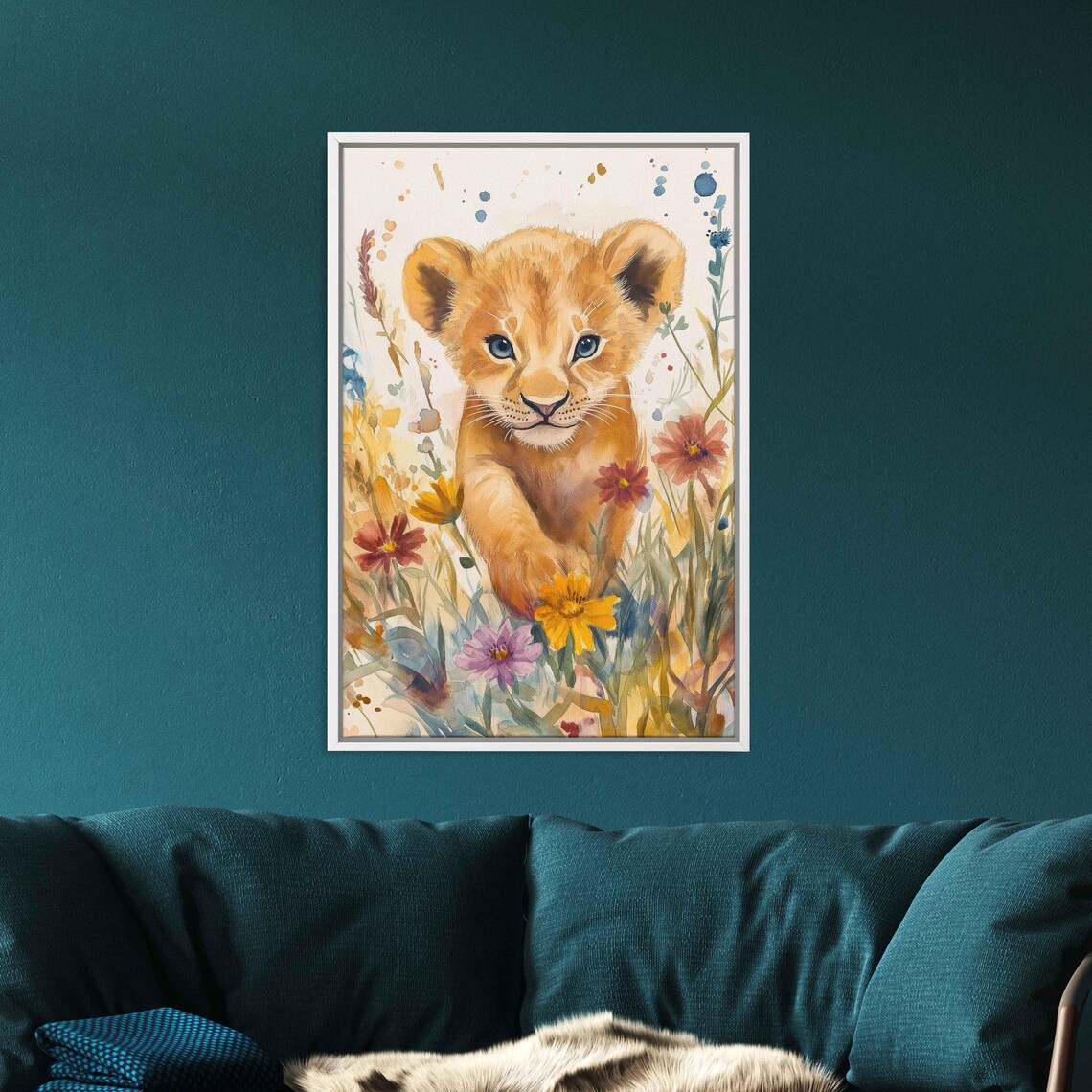 Lion Cub Playing In Wildflowers Watercolor Baby Animal Nursery Poster
