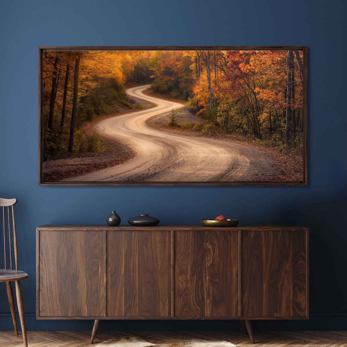 Winding Dirt Road Through Autumn Woods Golden Light Nature Poster - Image 3