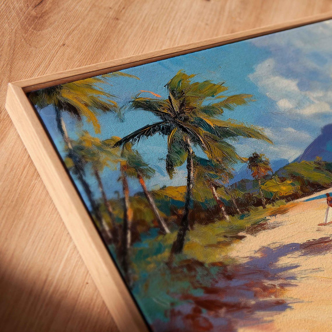 Surfers Catching Waves Off Tropical Island Beach Wall Art Print Gift For Surfer Blue Water Ready To Hang - Image 2