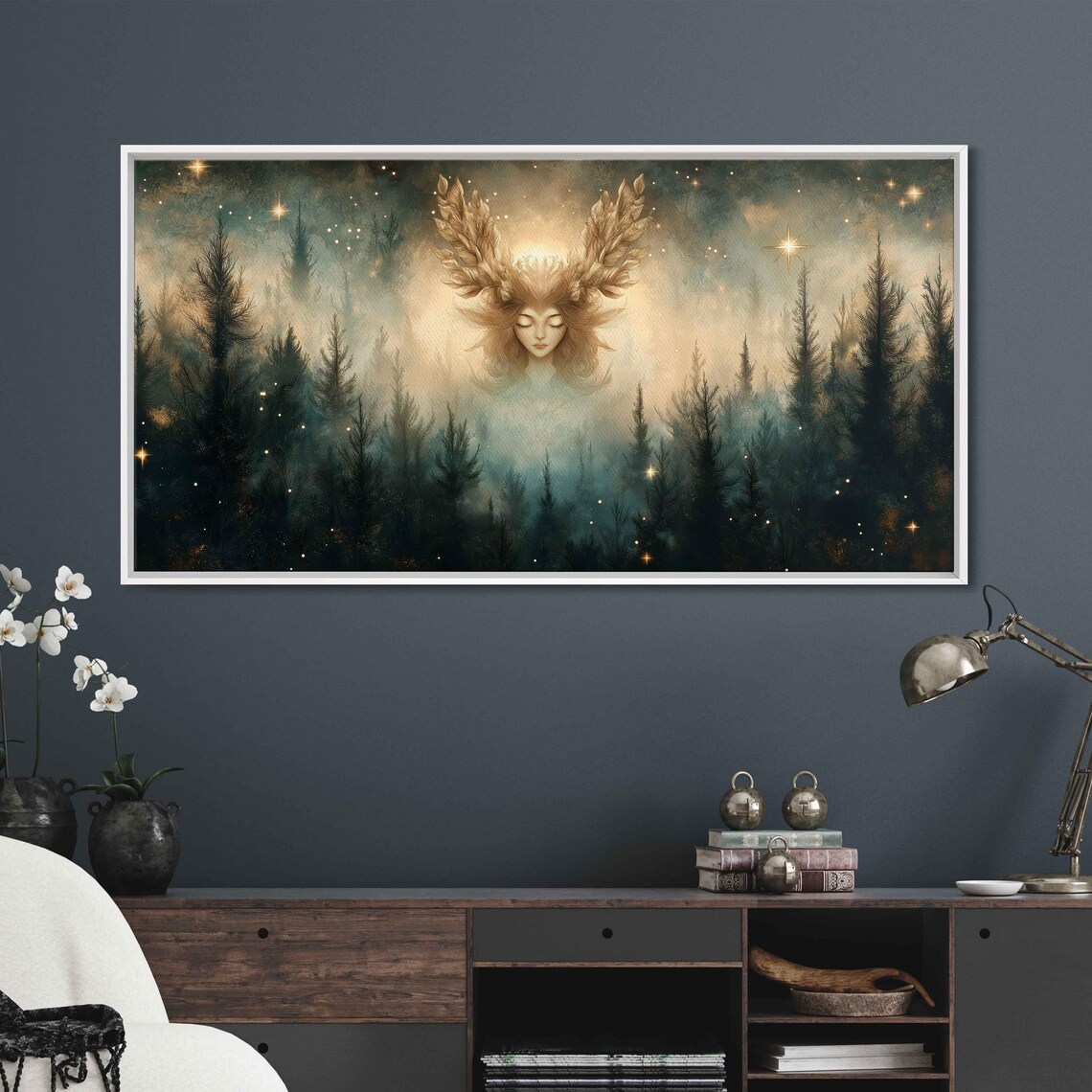Whimsical Forest Dryad Wall Art Print Vintage Parchment Style Glowing Stars Folklore Inspired