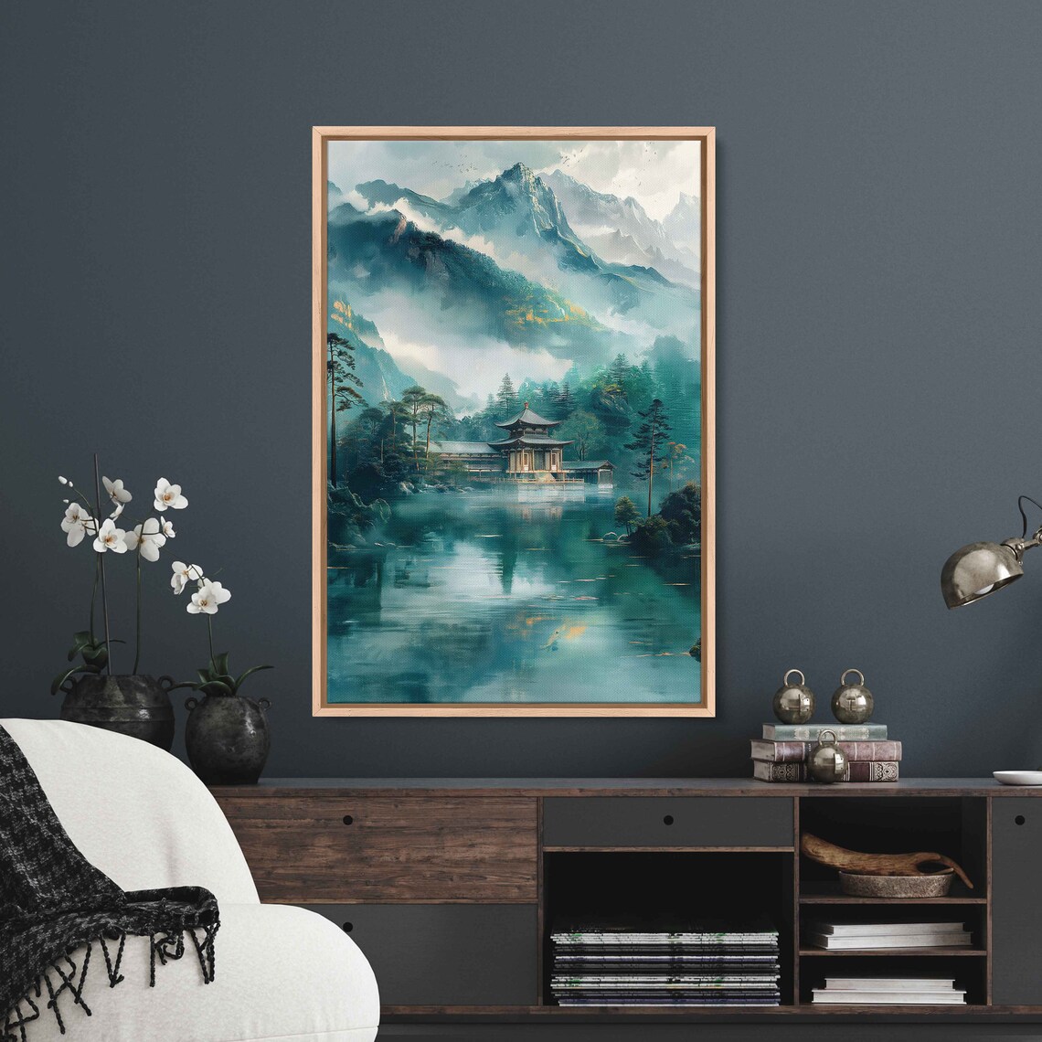 Asian Pagoda Misty Mountains Lake In Forest Painting Framed Print Ready To Hang - Image 3