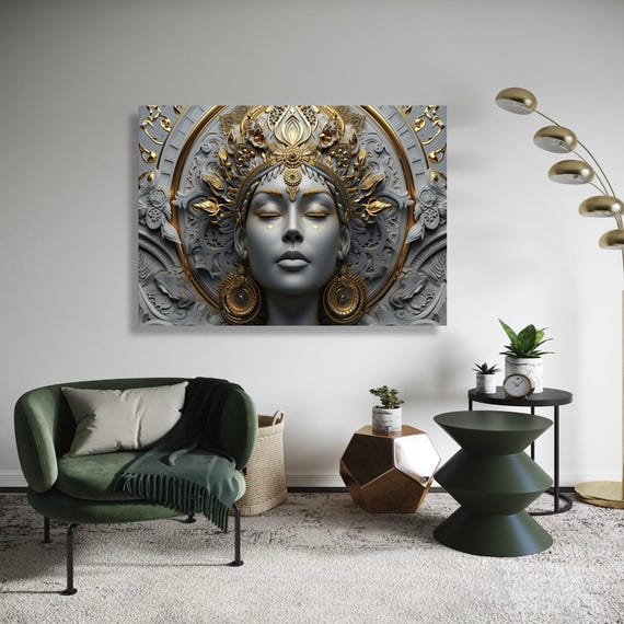 Durga Goddess Canvas Wall Art 3d Ornate Gold Grey Spiritual Print Serene Hindu Deity Decor Ethnic Meditation Room Navratri