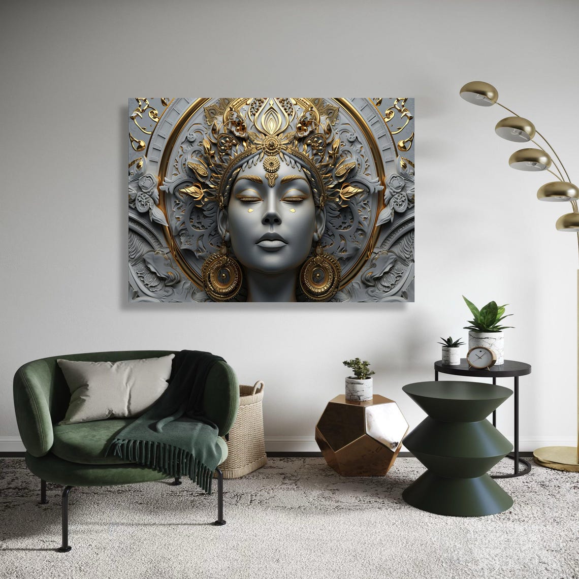 White and Gold Hindu Goddess Relief Elegant Spiritual Art Poster