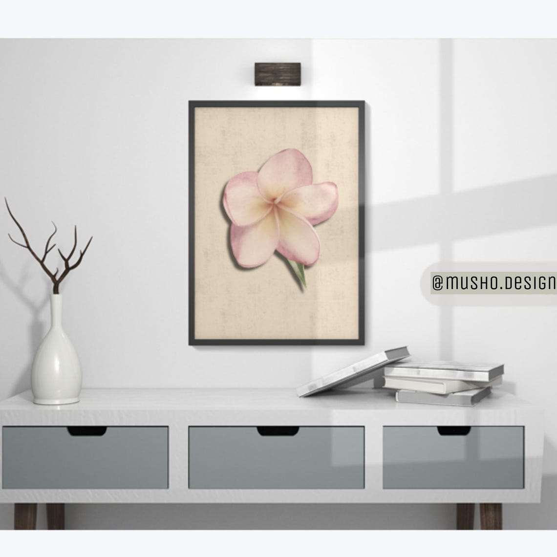 Pink Plumeria Blossom Vintage Botanical Tropical Still Life Poster