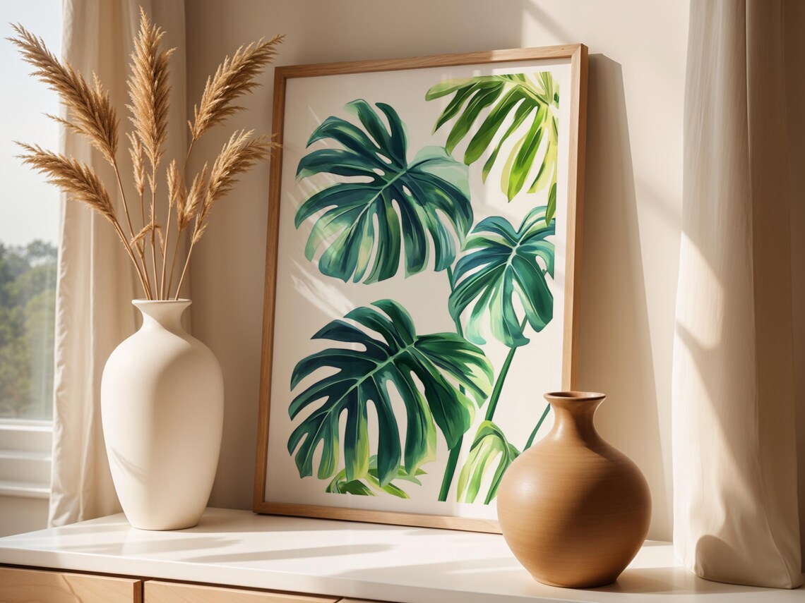 Monstera Leaf Print Tropical Green Botanical Art