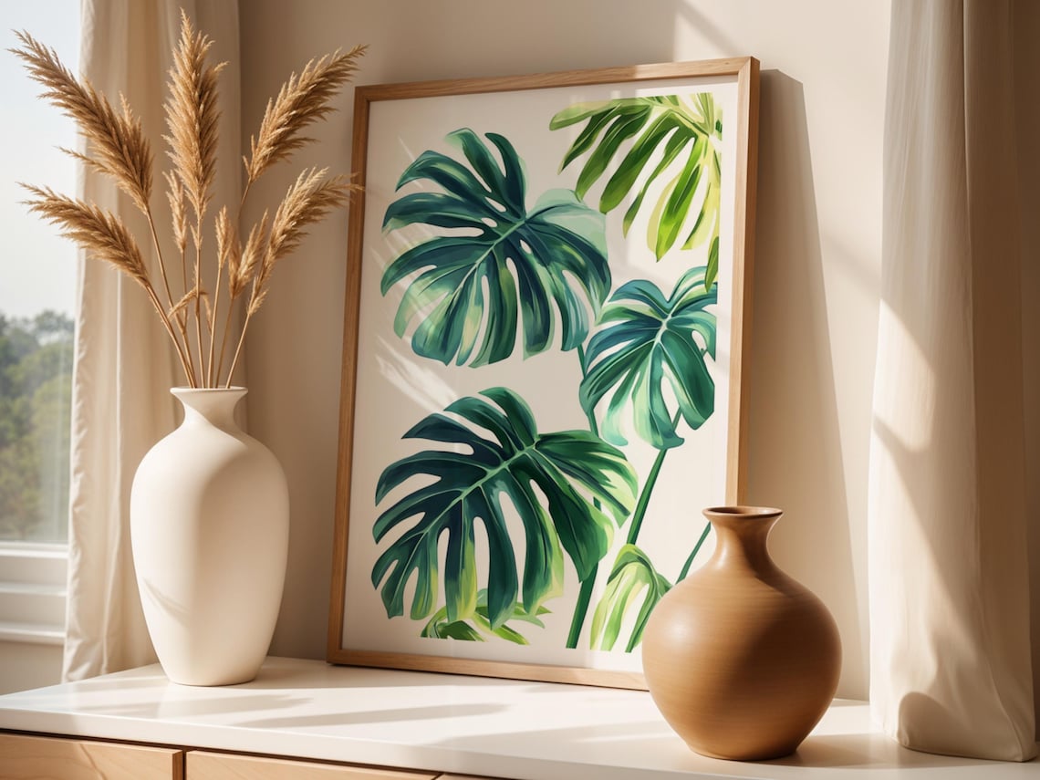 Watercolor Monstera Leaves Green Tropical Botanical Home Poster