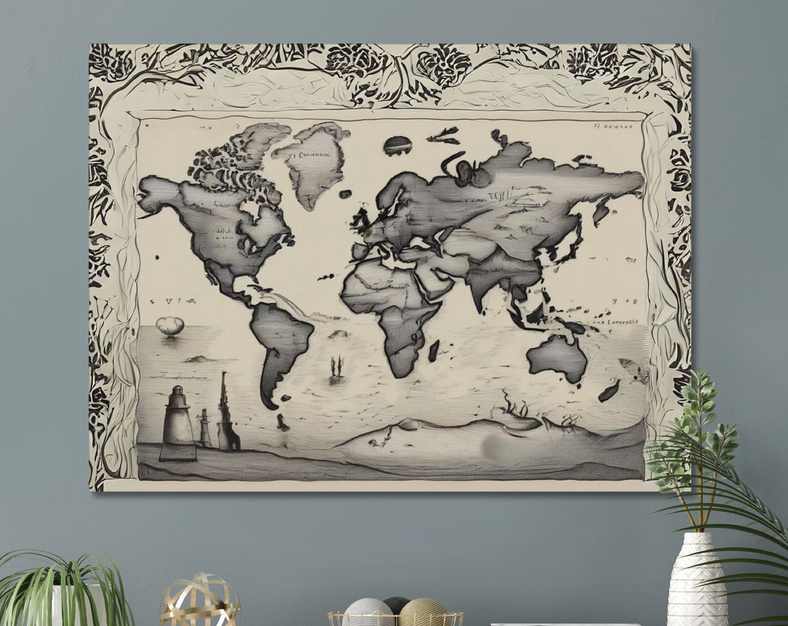 Vintage Sepia World Map Botanical Border Lighthouse Antique Art Poster