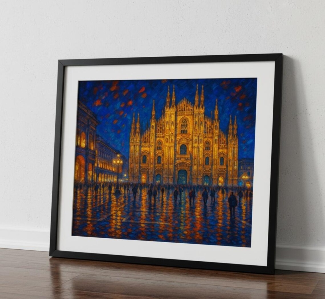Milan Duomo Cathedral Night Lights Oil Painting Italy Cityscape Poster