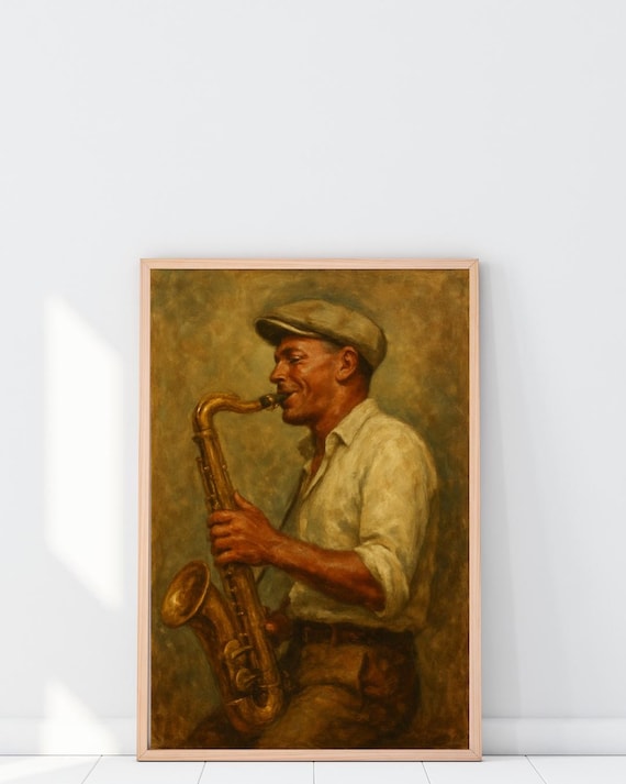 Jazz Saxophonist Oil Painting Golden Bar Music Portrait Poster