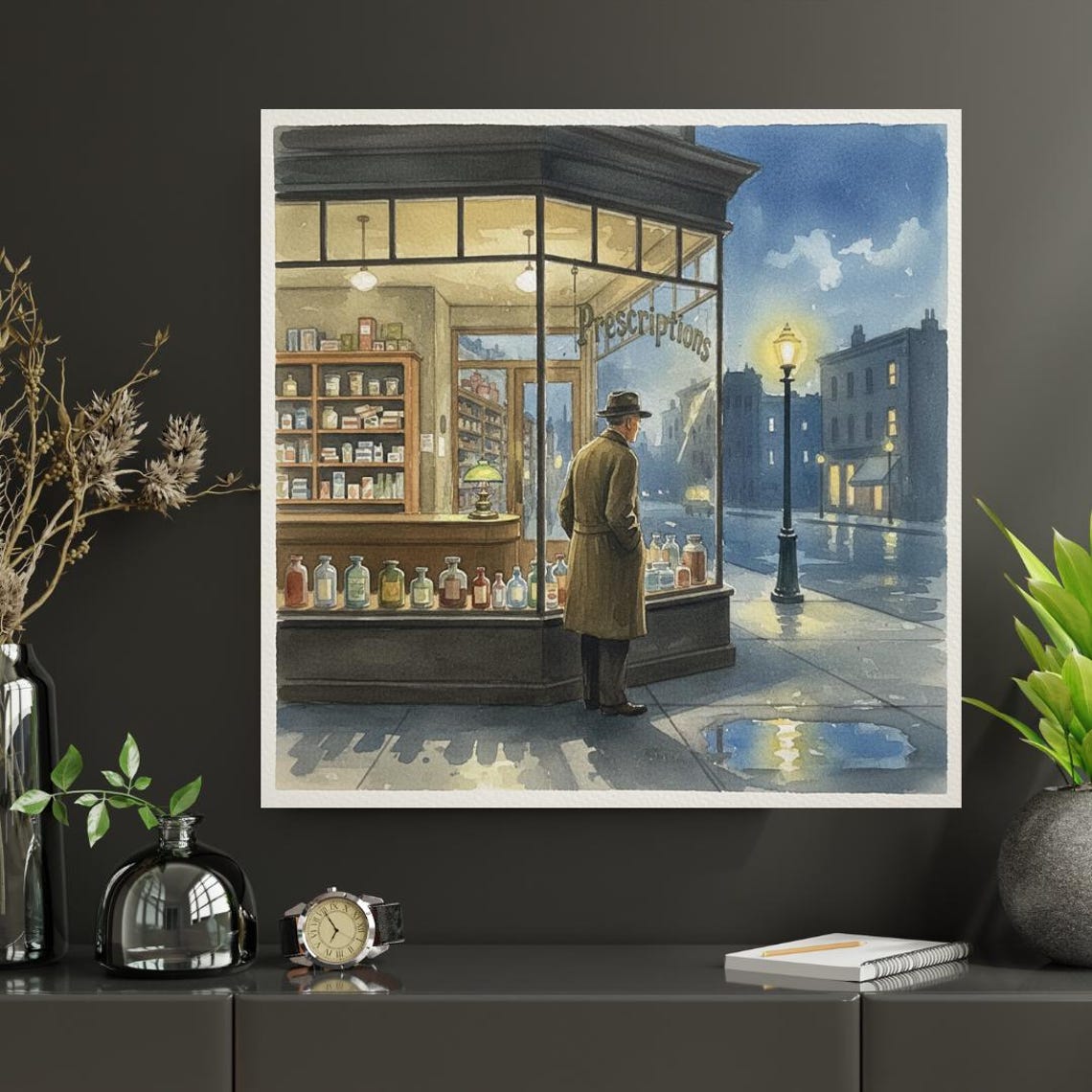 Night Corner Pharmacy Prescriptions Window Hopper Style Art Poster
