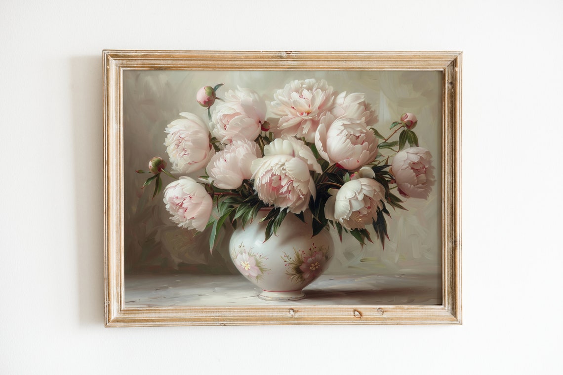 Pink White Peonies In Vase Vintage Floral Still Life Art Poster