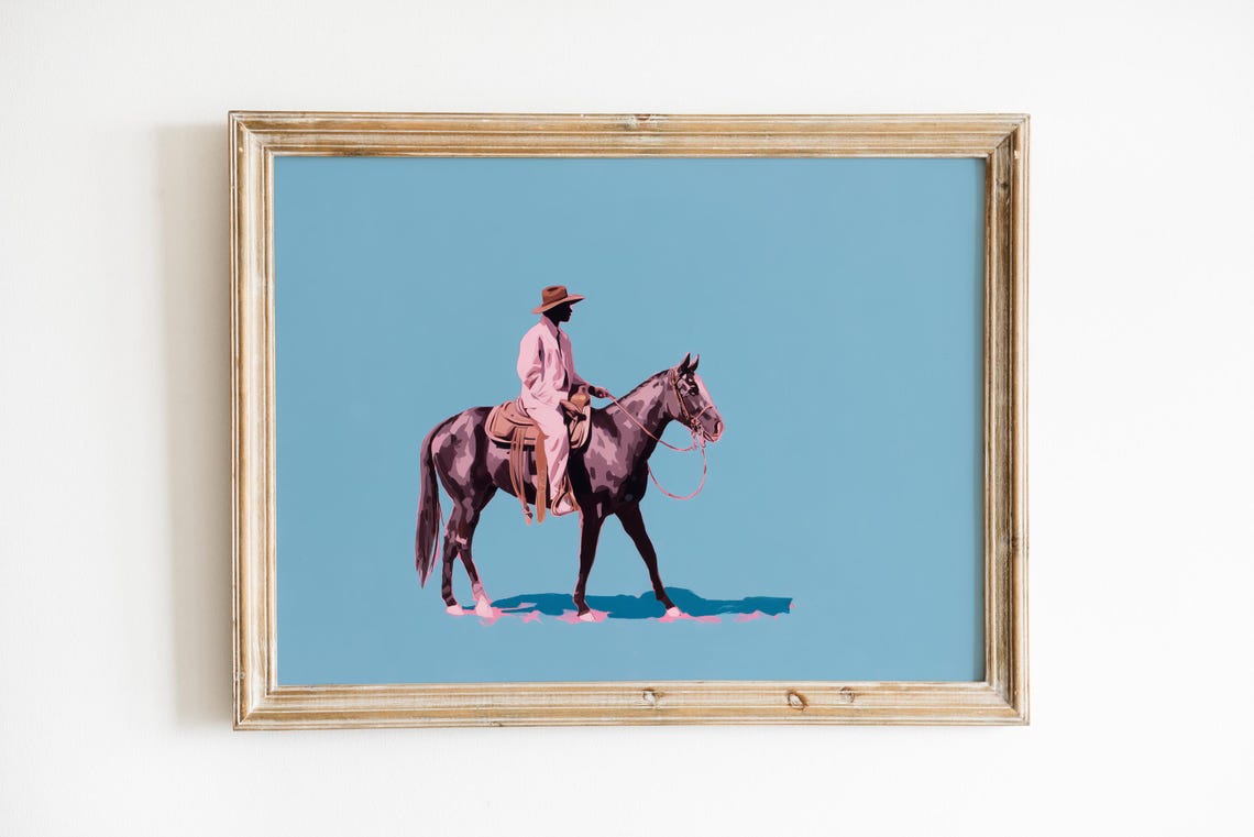 Modern Cowboy On Horseback Pastel Blue Western Illustration Wall Art