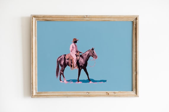 Modern Cowboy On Horseback Pastel Blue Western Illustration Wall Art