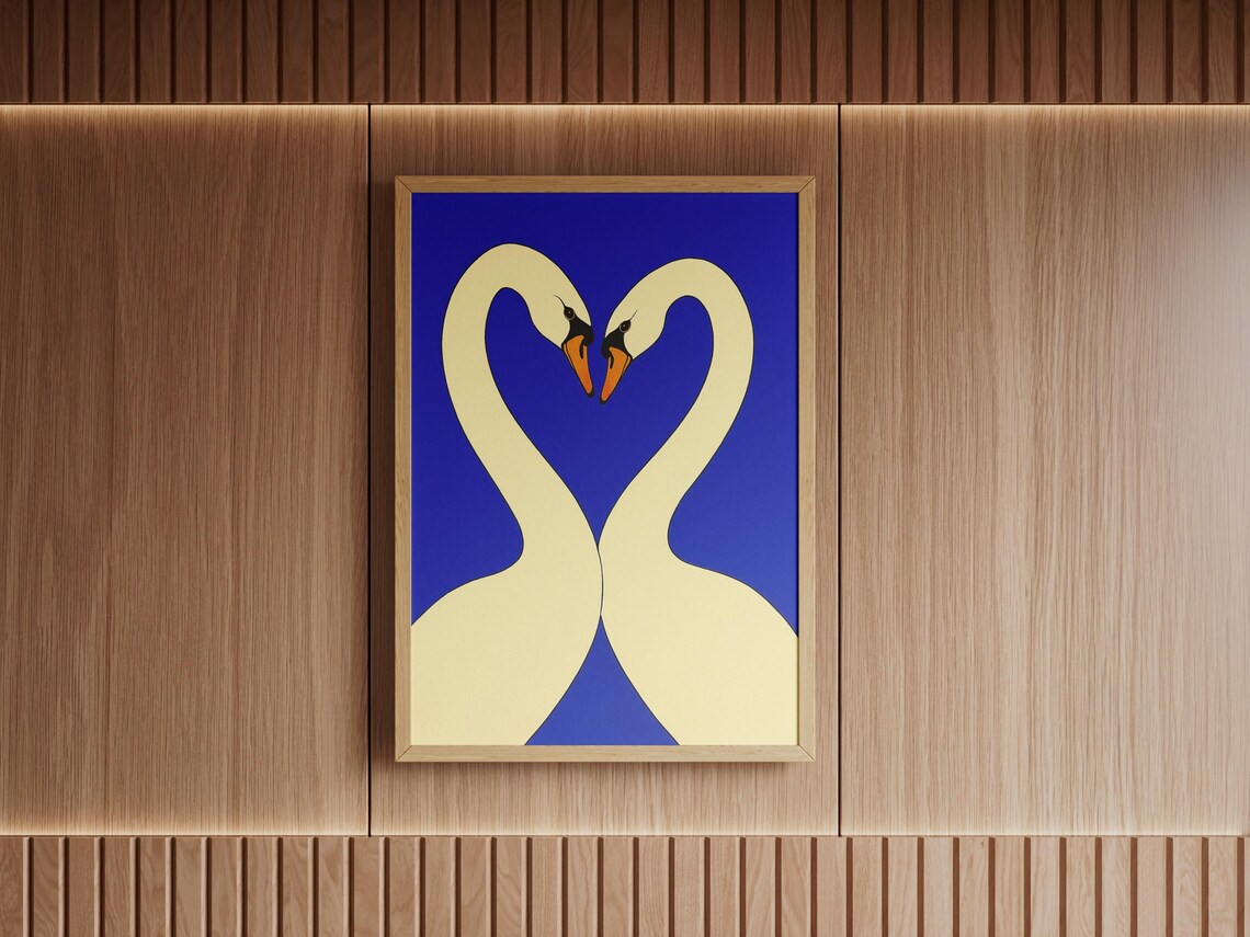 Swan Love Art Print Abstract Minimalist Blue Animal Poster