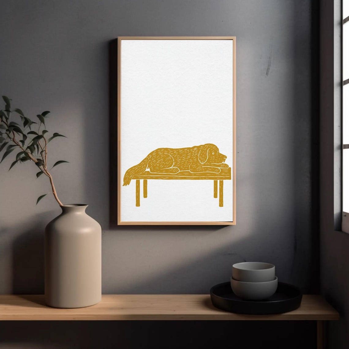 Minimalist Mustard Dog Resting Bench Whimsical Line Art Poster