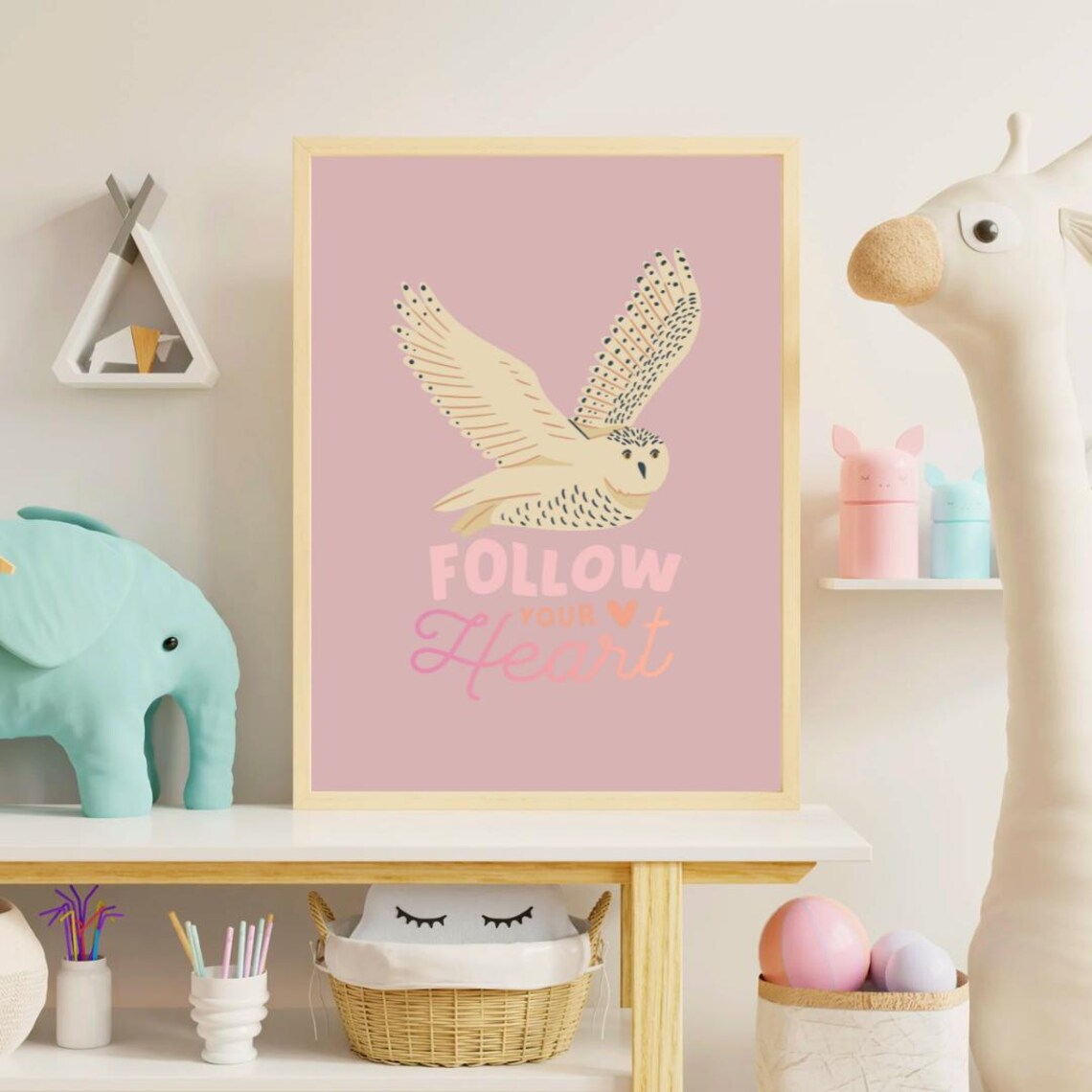 Follow Your Heart Cute Flying Owl Sweet Pink Kids Nursery Poster