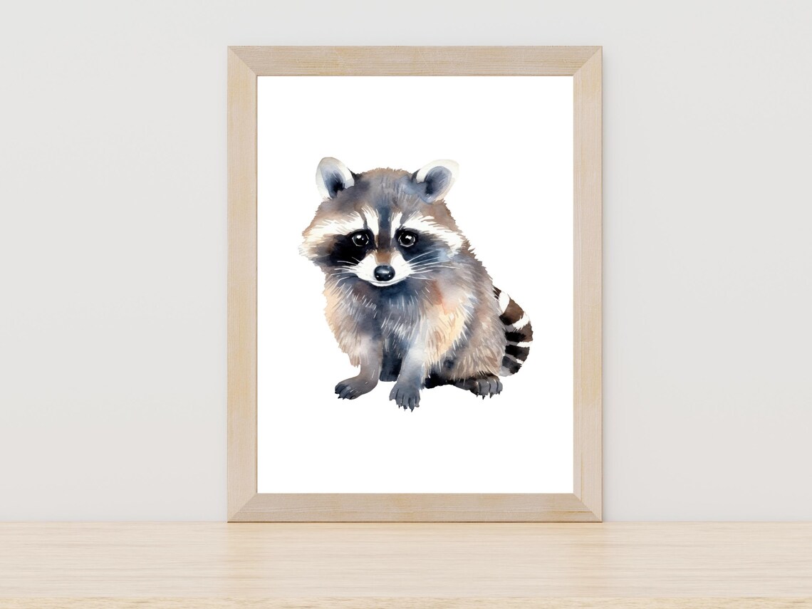 Cute Baby Raccoon Watercolor Woodland Nursery Animal Art Poster