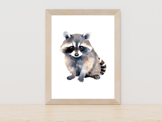 Cute Baby Raccoon Watercolor Woodland Nursery Animal Art Poster