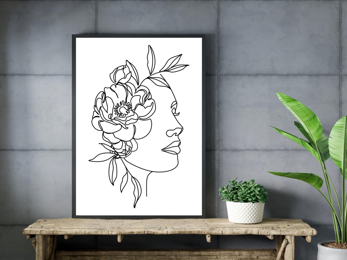 Woman Profile with Peony Flower Minimalist Line Art Decor Poster - Image 3